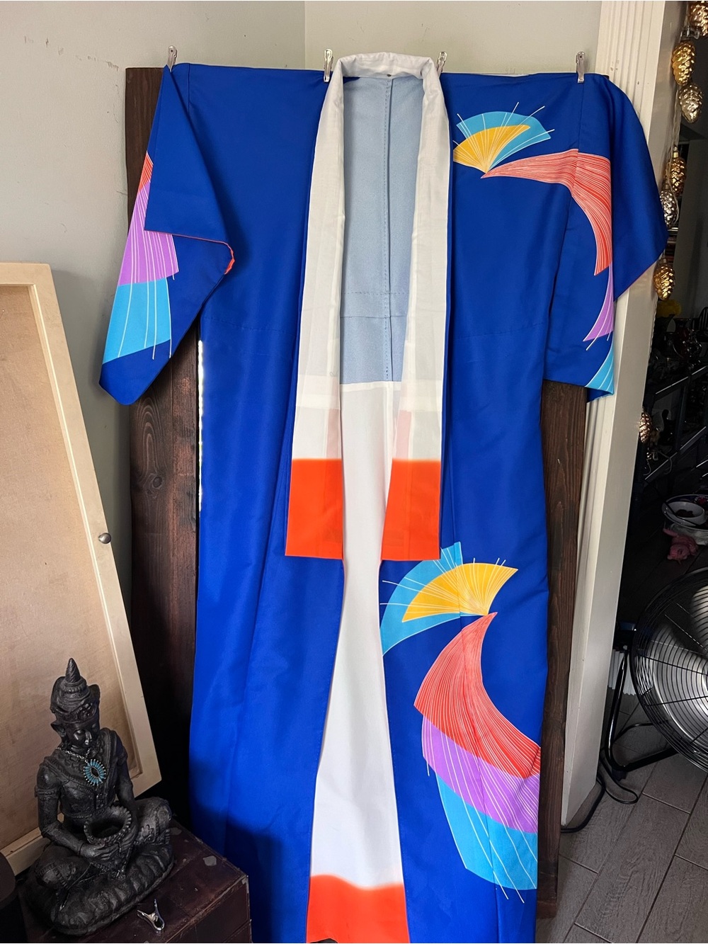 Vintage Royal Blue Japanese Kimono with Multicolor Fan Motif Like New